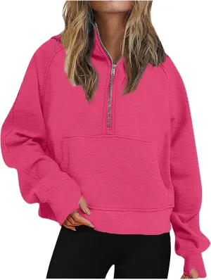Womens Sweatshirt Half Zip Cropped Hoodie Pullover Fleece Quarter Zipper Sweatshirts 2025 Fashion Clothes Thumb Hole