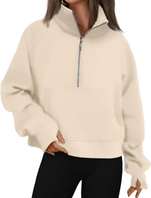Womens Sweatshirt Half Zip Cropped Hoodie Pullover Fleece Quarter Zipper Sweatshirts 2025 Fashion Clothes Thumb Hole
