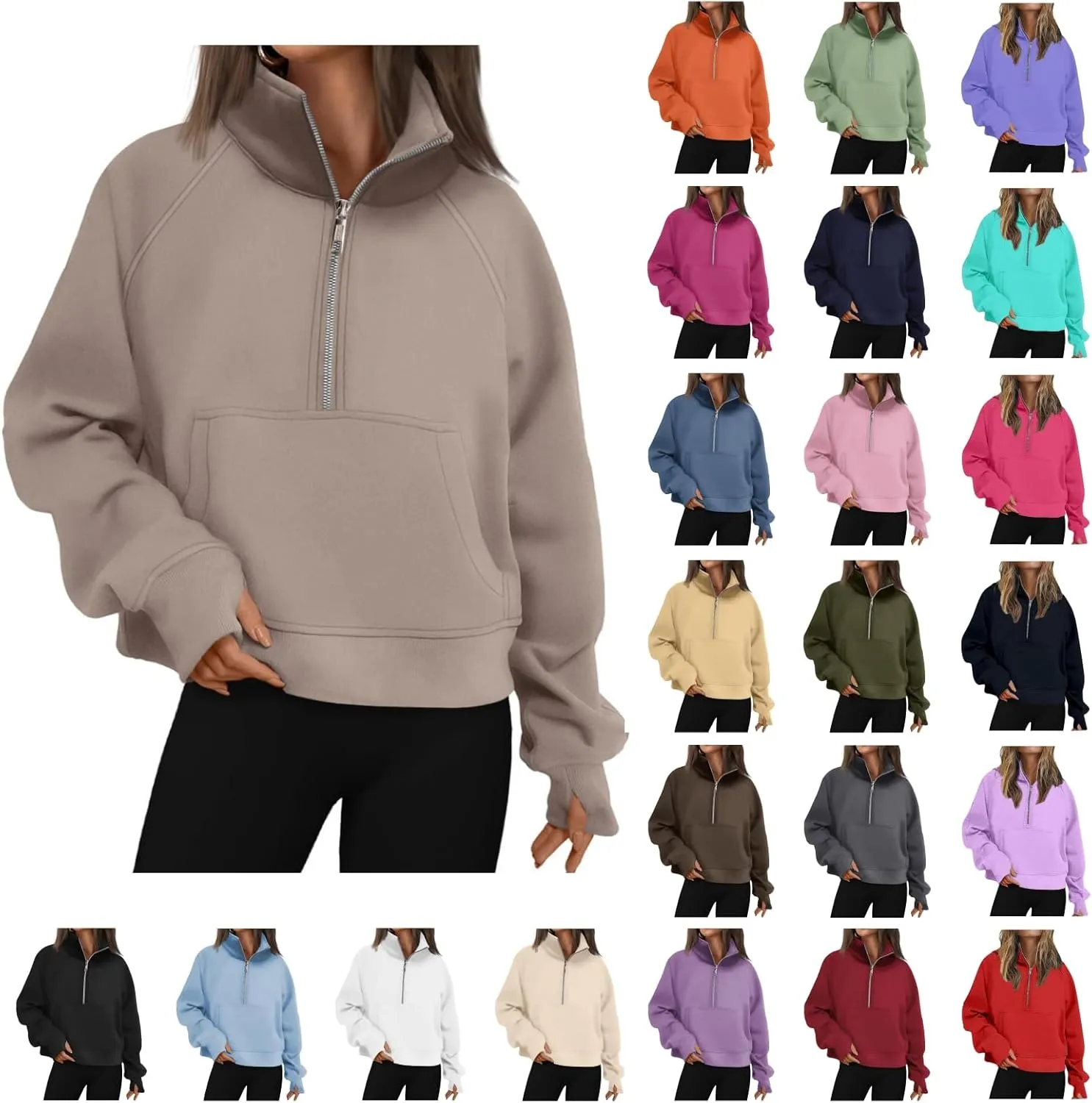 Womens Sweatshirt Half Zip Cropped Hoodie Pullover Fleece Quarter Zipper Sweatshirts 2025 Fashion Clothes Thumb Hole