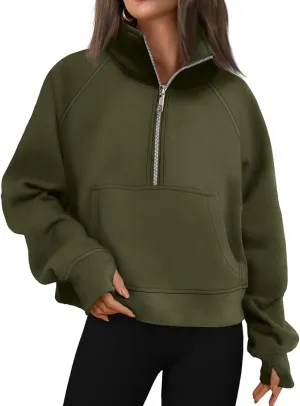 Womens Sweatshirt Half Zip Pullover Fleece Hoodie Quarter Zipper Cropped Sweatshirt Fall Outfits Clothes Thumb Hole