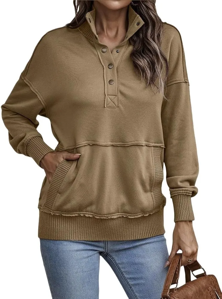 Womens Sweatshirt Henley Button V Neck Sweatshirt Casual Long Sleeve Loose Lightweight Tops 2025 Pullover Tunic Tops