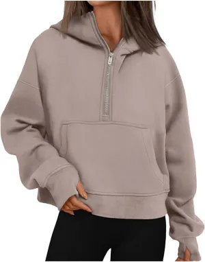 Womens Sweatshirts Half Zip Cropped Pullover Fleece Quarter Zipper Hoodies 2024 Fall Fashion Outfits Clothes