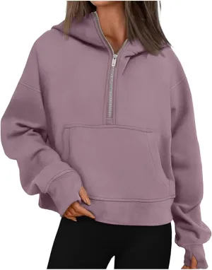 Womens Sweatshirts Half Zip Cropped Pullover Fleece Quarter Zipper Hoodies 2024 Fall Fashion Outfits Clothes