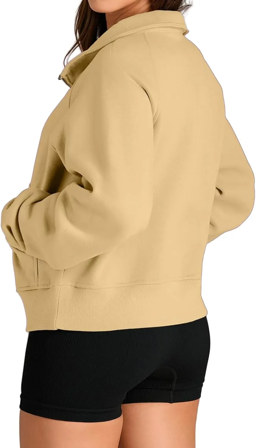 Womens Sweatshirts Half Zip Cropped Pullover Fleece Quarter Zipper Hoodies Y2k Fashion Outfit Fall Clothes with Pocket