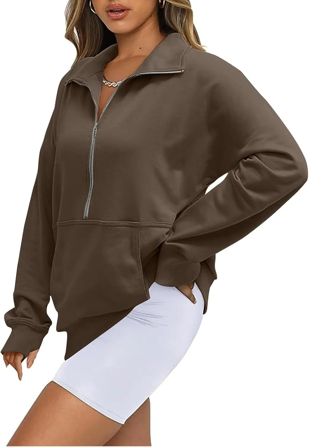 Womens Sweatshirts Half Zip Cropped Pullover Tops Quarter Zipper Tunics Fall Outfits Clothes Thumb Hole