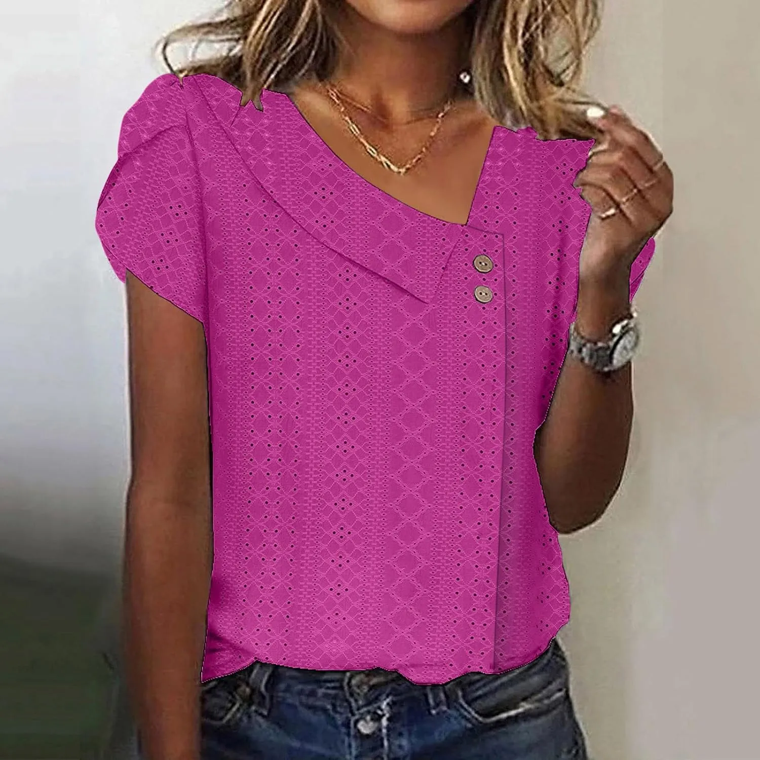 Womens T Shirts Casual Slanted Button Hollow Puff Sleeve Tunic Tops Summer Breathable Travel Vacation Streetwear 2025