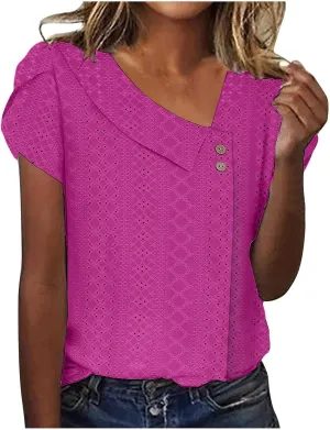 Womens T Shirts Casual Slanted Button Hollow Puff Sleeve Tunic Tops Summer Breathable Travel Vacation Streetwear 2025