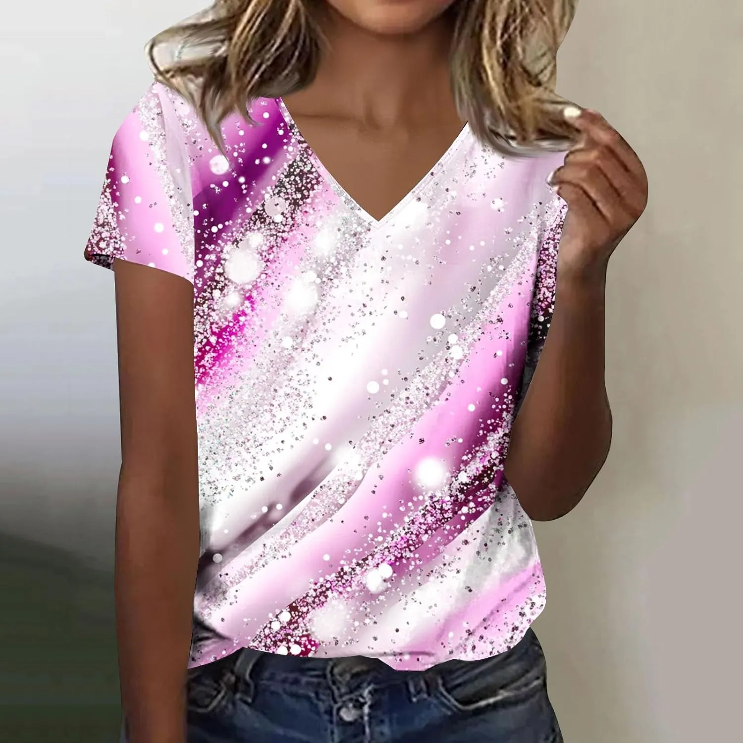 Women's Tie Dye T Shirt Casual V Neck Summer Tops Blouse Loose Fit Short Sleeve Floral Shirts Tunic Cute Graphic Tees