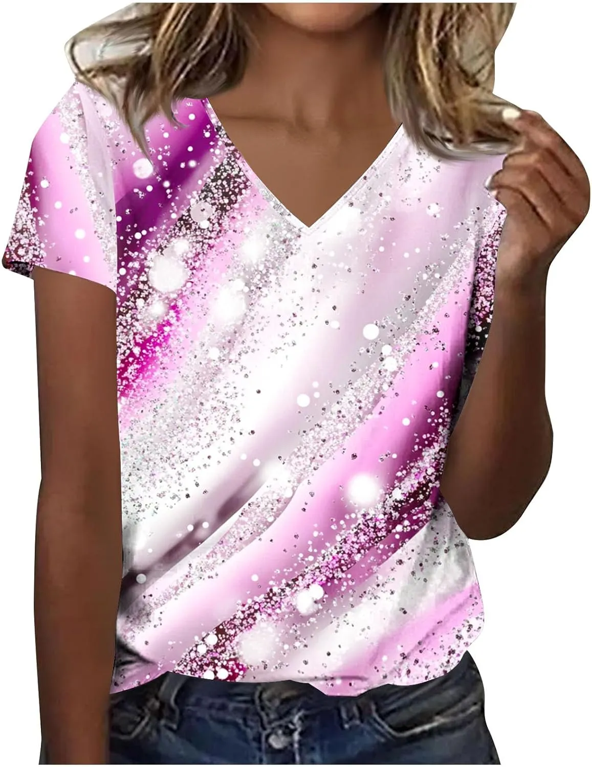 Women's Tie Dye T Shirt Casual V Neck Summer Tops Blouse Loose Fit Short Sleeve Floral Shirts Tunic Cute Graphic Tees