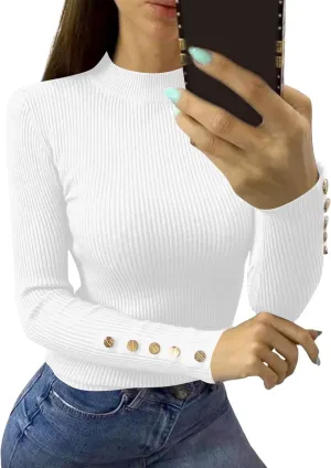 Womens Tops Long Sleeve Mock Turtle Neck Ribbed Sweater Tops Winter Button Up Work Shirts Fall Night Out Curvy Outfits