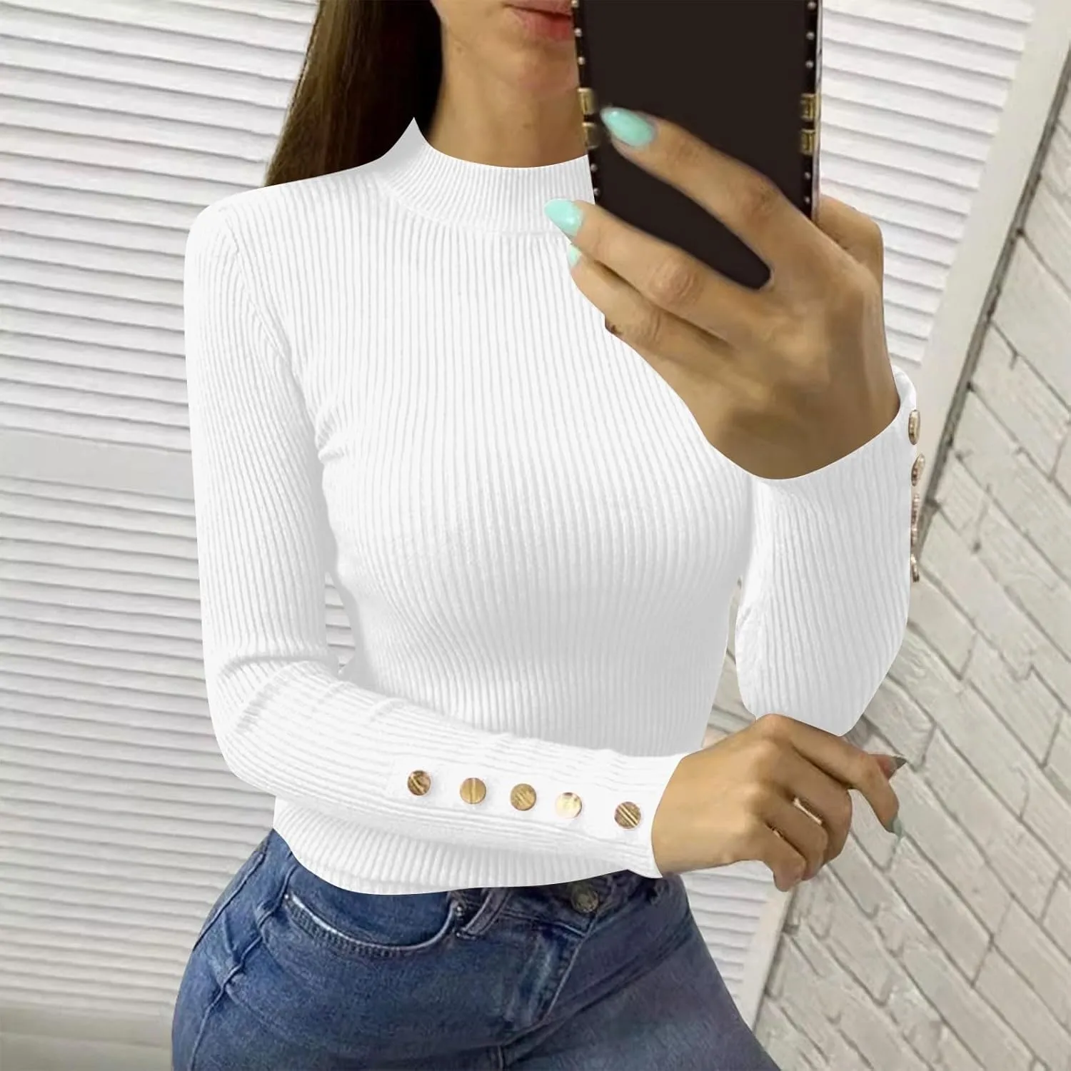 Womens Tops Long Sleeve Mock Turtle Neck Ribbed Sweater Tops Winter Button Up Work Shirts Fall Night Out Curvy Outfits