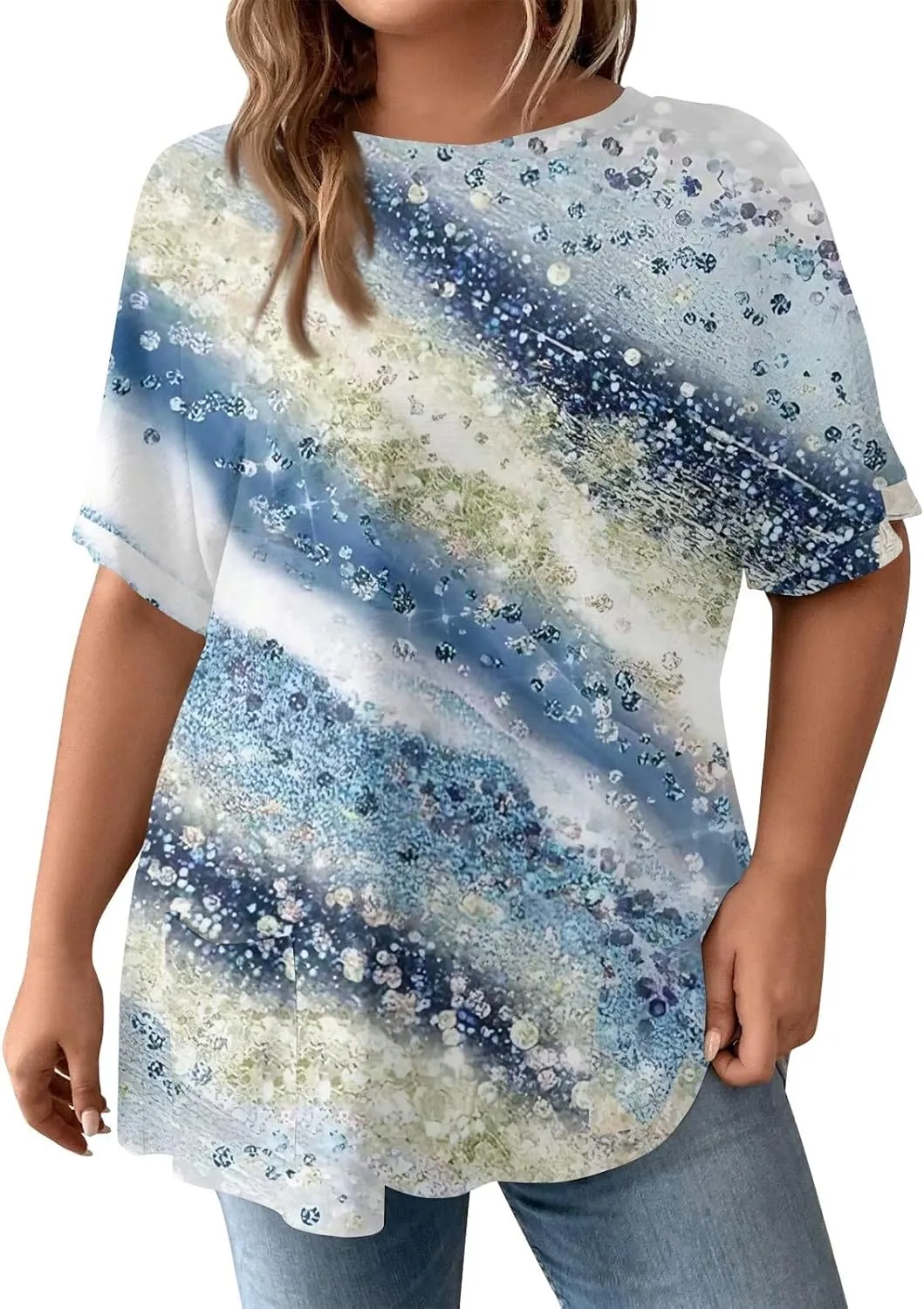 Womens Tops Women's Oversized T Shirts Summer Short Sleeve Loose Fit Casual Crewneck Print Tunic Tops with Pockets