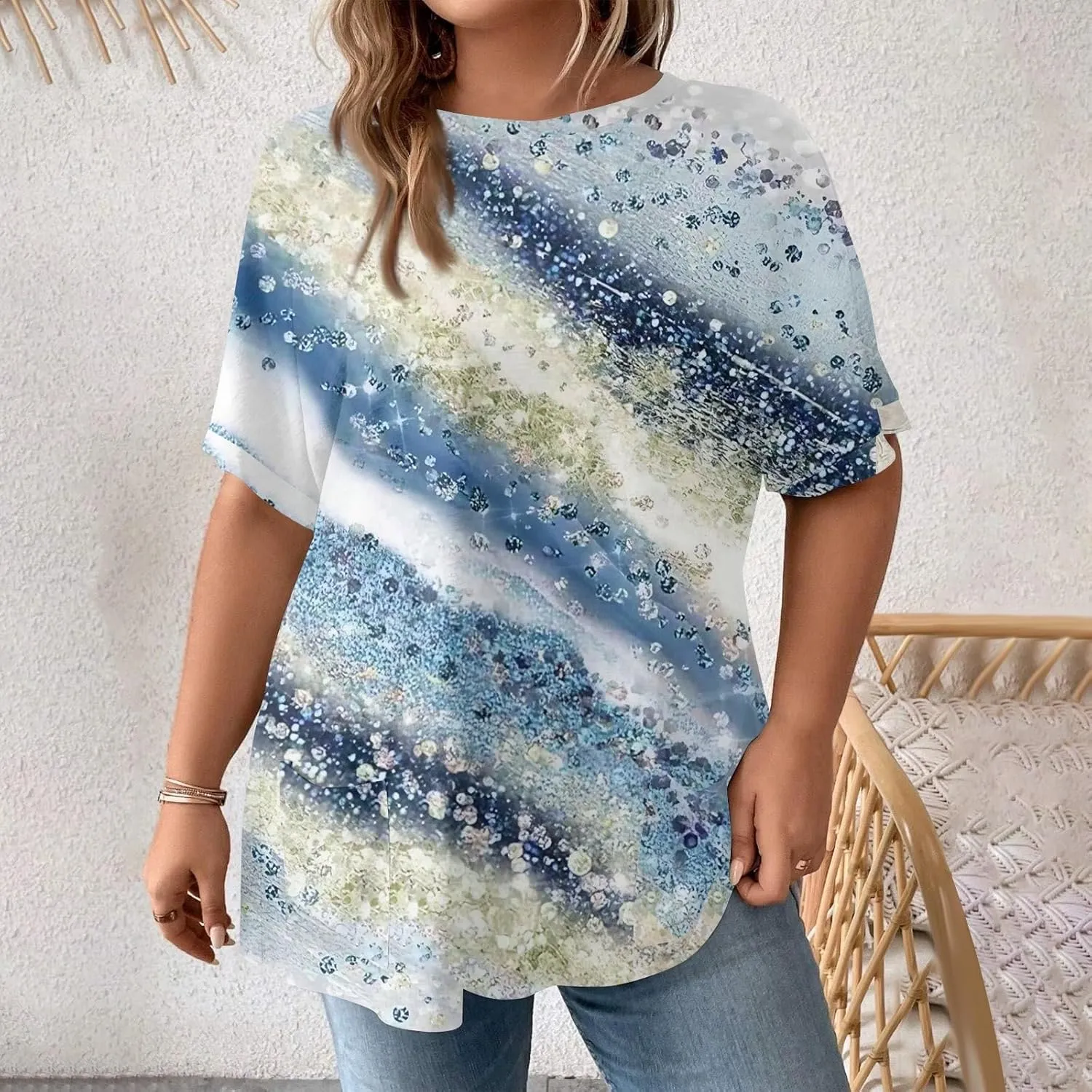 Womens Tops Women's Oversized T Shirts Summer Short Sleeve Loose Fit Casual Crewneck Print Tunic Tops with Pockets