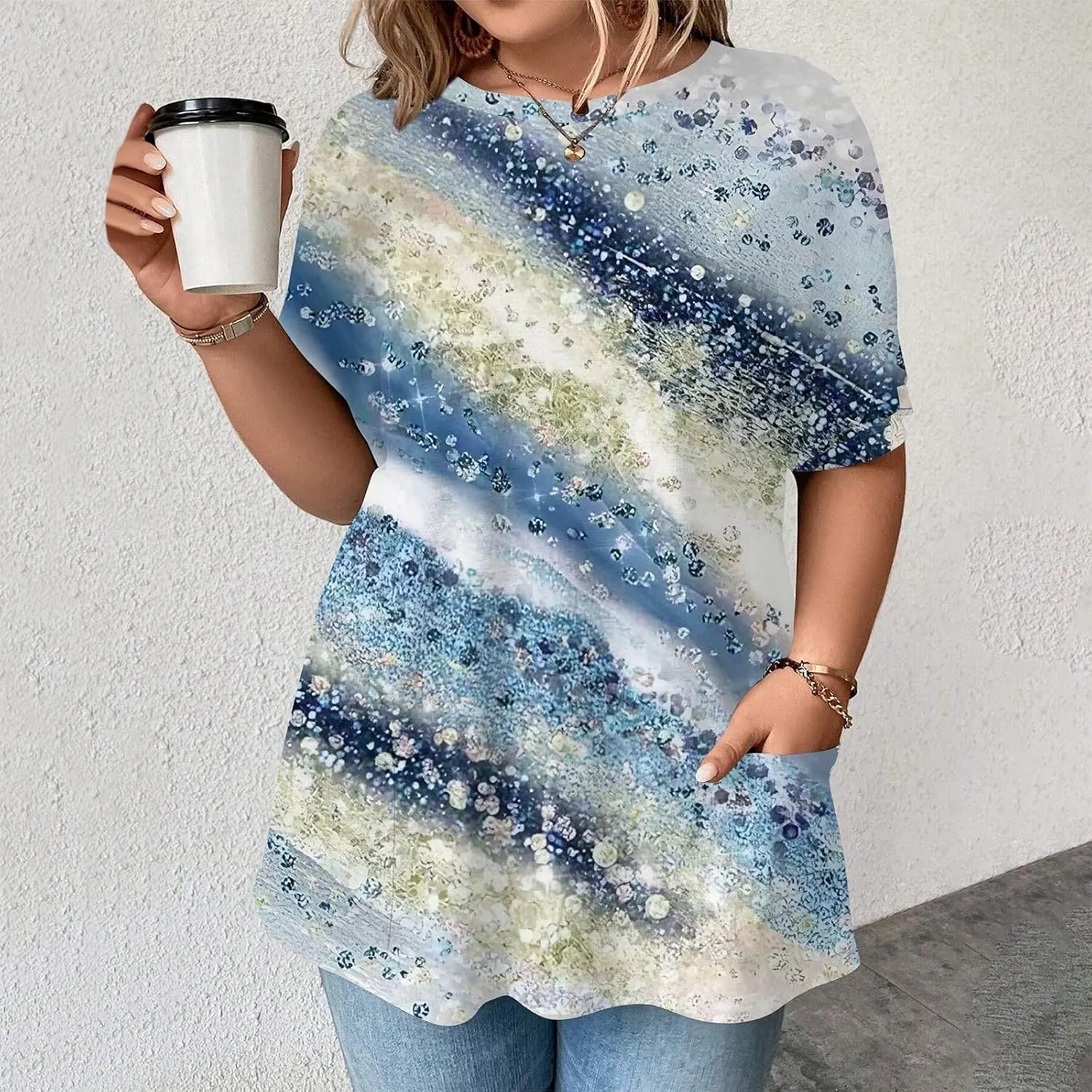 Womens Tops Women's Oversized T Shirts Summer Short Sleeve Loose Fit Casual Crewneck Print Tunic Tops with Pockets