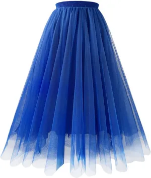 Womens Tulle Pleated Skirts Elastic High Waist Midi Length Tutu Skirts Prom Party Flowy Mesh A-Line Long Skirt