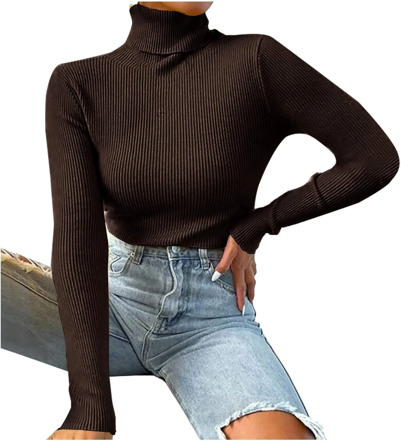 Womens Turtleneck Sweater Long Sleeve Ribbed Knit Sweater Fall Winter Fashion Tops 2024 Casual Trendy Tops Blouse
