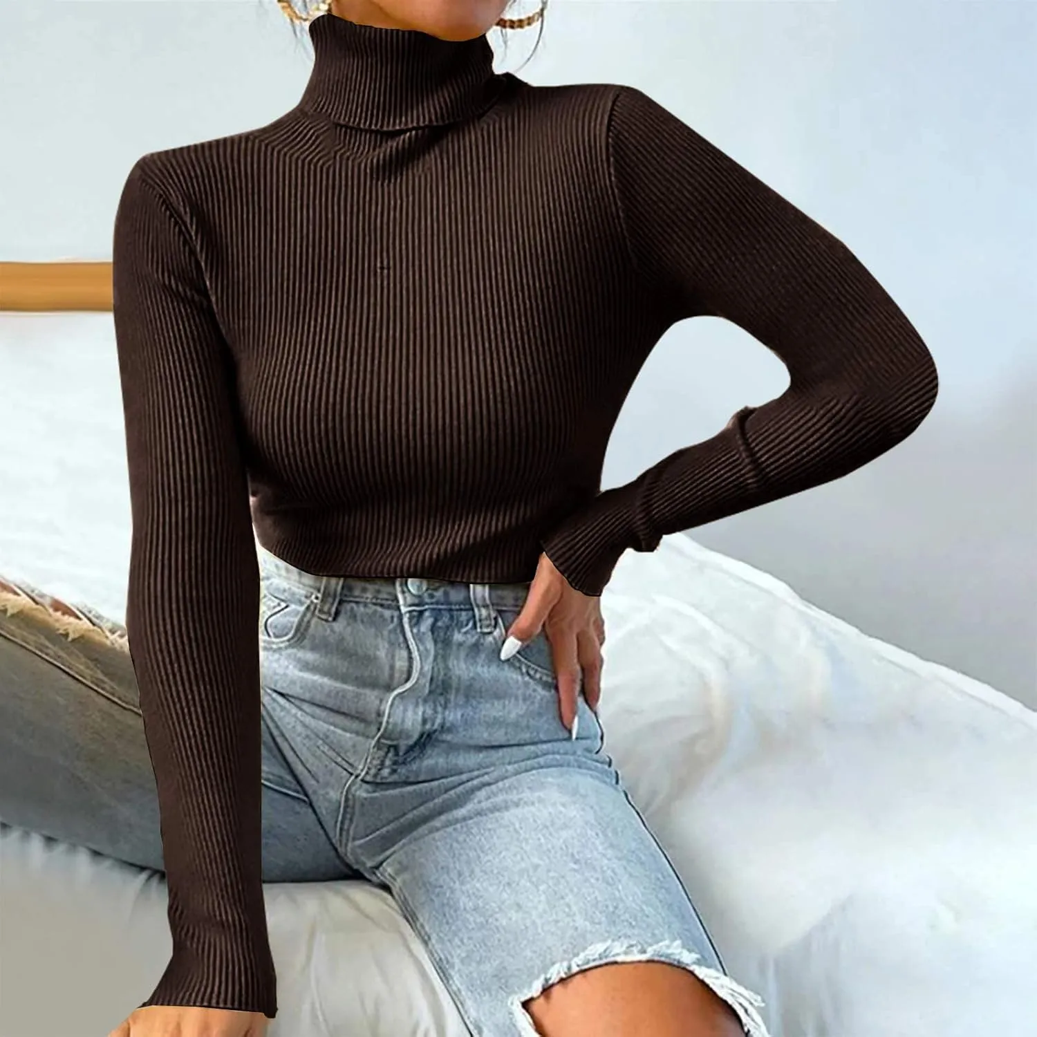 Womens Turtleneck Sweater Long Sleeve Ribbed Knit Sweater Fall Winter Fashion Tops 2024 Casual Trendy Tops Blouse