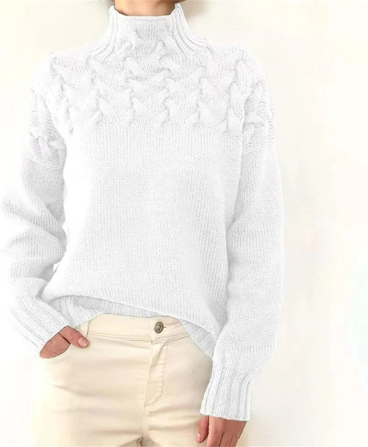 Women's Turtleneck Sweaters Slouchy Knit Chunky Sweater Fall Winter Warm Fashion Cable Weaving Long Sleeve Pullover