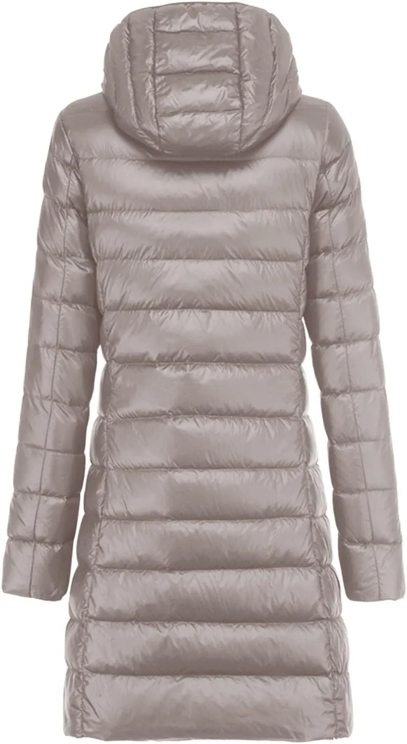 Women's Ultralight Down Jacket Long Packable Hooded Puffer Coat Warm Full-Zip Puffer Jacket for Outdoor