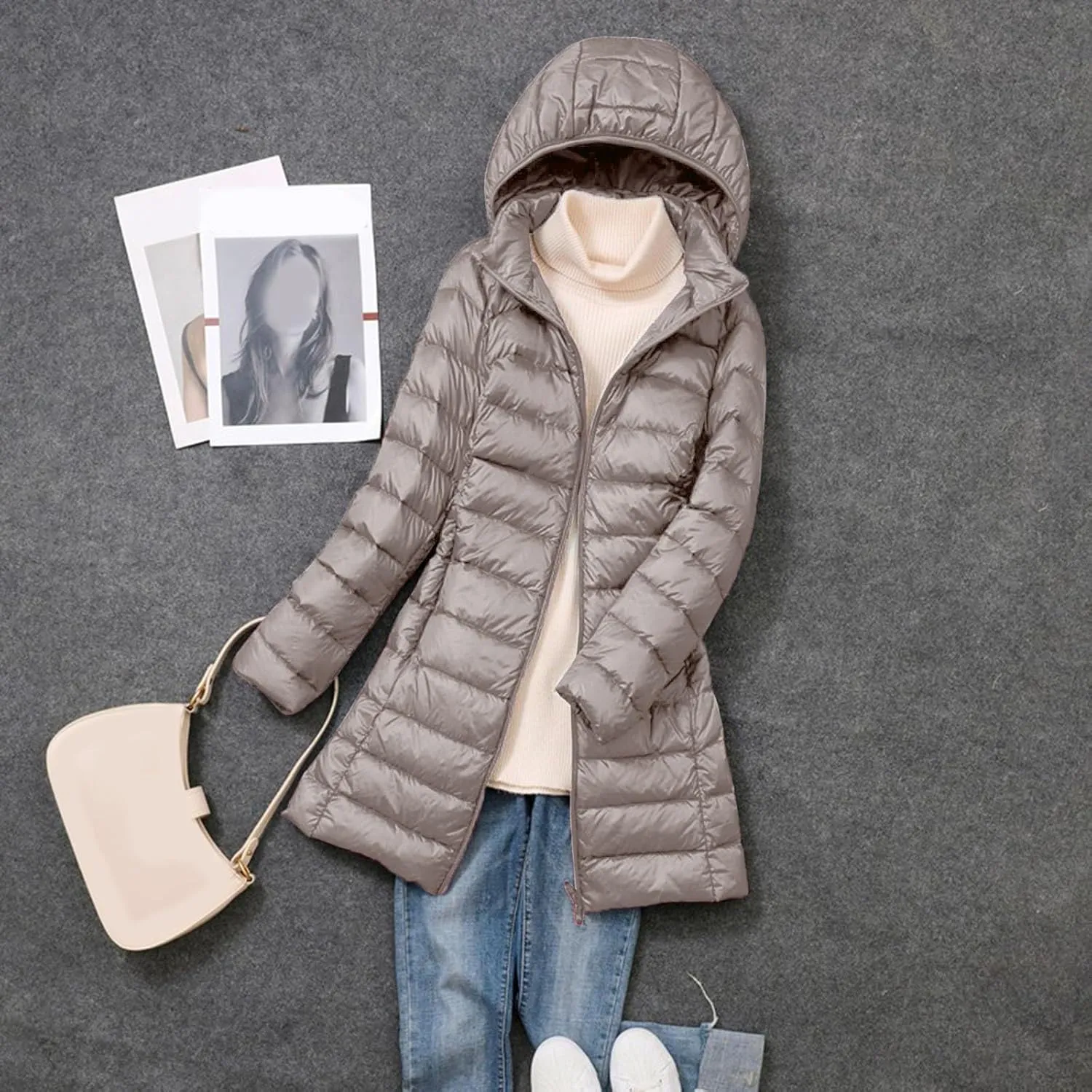 Women's Ultralight Down Jacket Long Packable Hooded Puffer Coat Warm Full-Zip Puffer Jacket for Outdoor