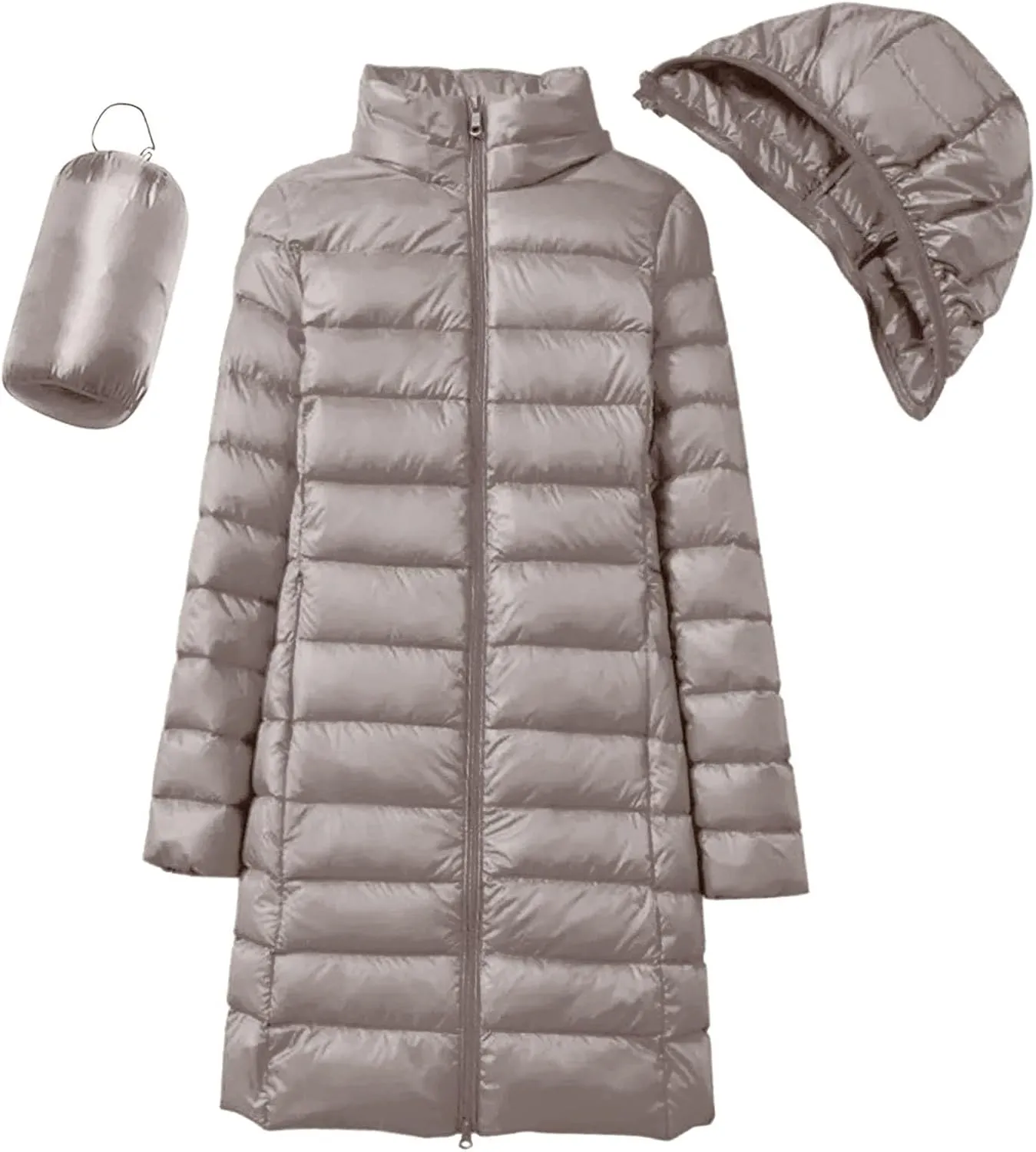 Women's Ultralight Down Jacket Long Packable Hooded Puffer Coat Warm Full-Zip Puffer Jacket for Outdoor