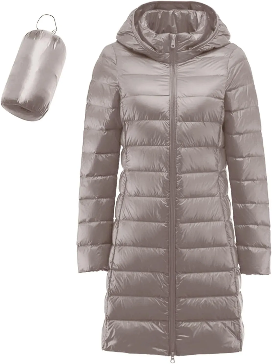 Women's Ultralight Down Jacket Long Packable Hooded Puffer Coat Warm Full-Zip Puffer Jacket for Outdoor