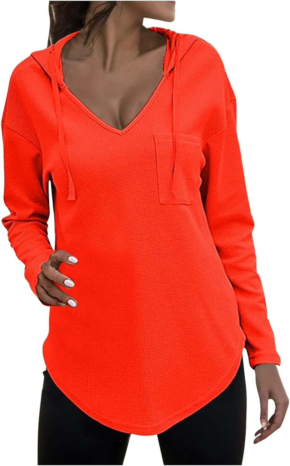 Women's V-neck long-sleeved shirt Fall Sweatshirt Loose Fit Casual Tops Trendy Clothing with Pockets 2024