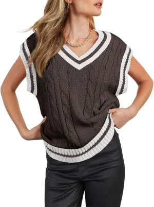Womens V Neck Oversized Sweaters Vest Sleeveless Cable Knit Pullover Striped Chunky Sweater Casual Tennis Colorblock Top