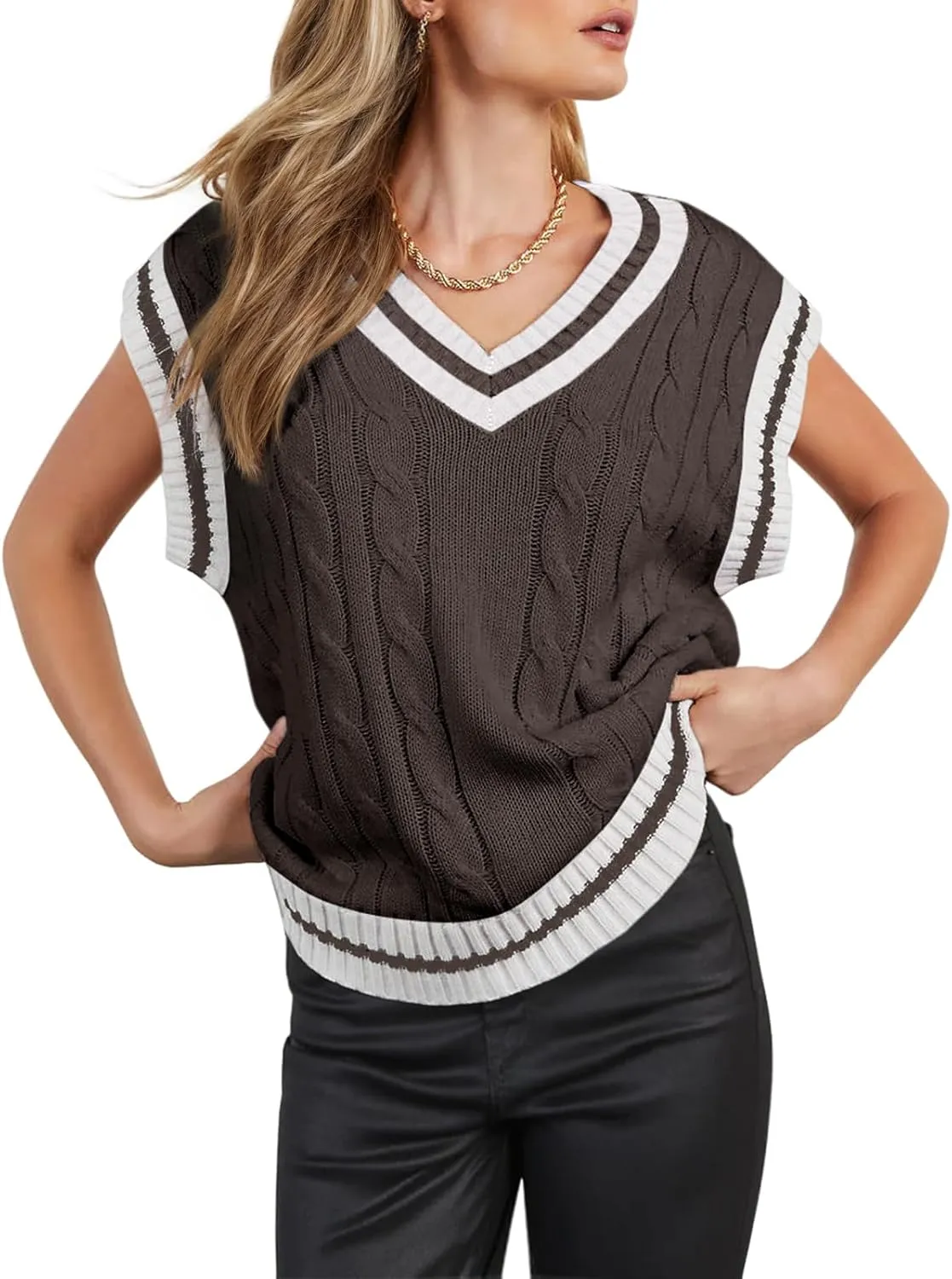 Womens V Neck Oversized Sweaters Vest Sleeveless Cable Knit Pullover Striped Chunky Sweater Casual Tennis Colorblock Top