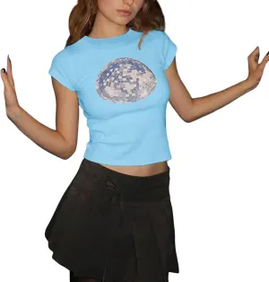 Womens V Neck T Shirts Women's Short Sleeve Y2K Baby Tees E-Girls Cute Graphic Print Crop Tops Slim Fit T Shirts Retro