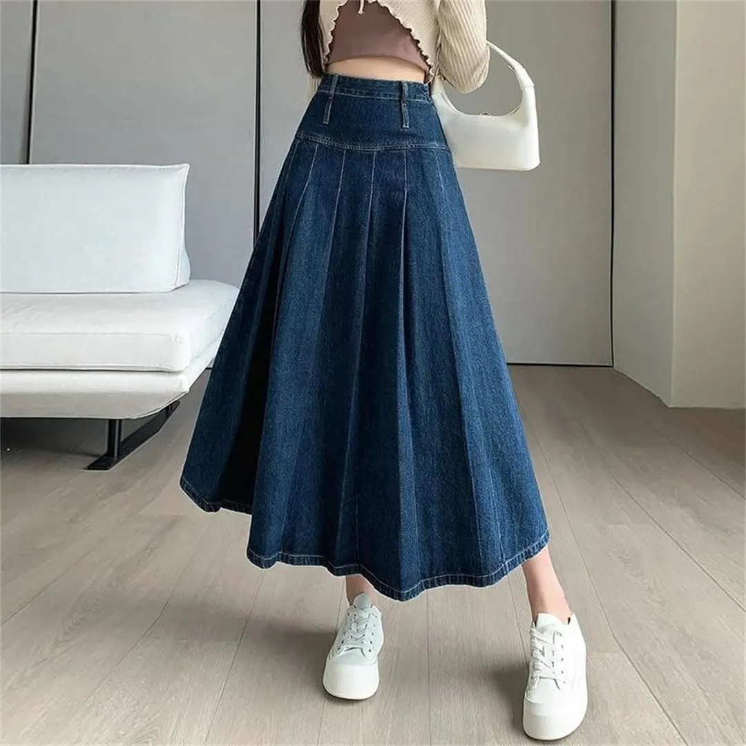 Women's Vintage Denim Pleated Skirts Blue High Waist A-Line Umbrella Jeans Skirts Female