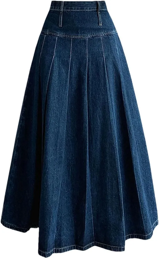 Women's Vintage Denim Pleated Skirts Blue High Waist A-Line Umbrella Jeans Skirts Female