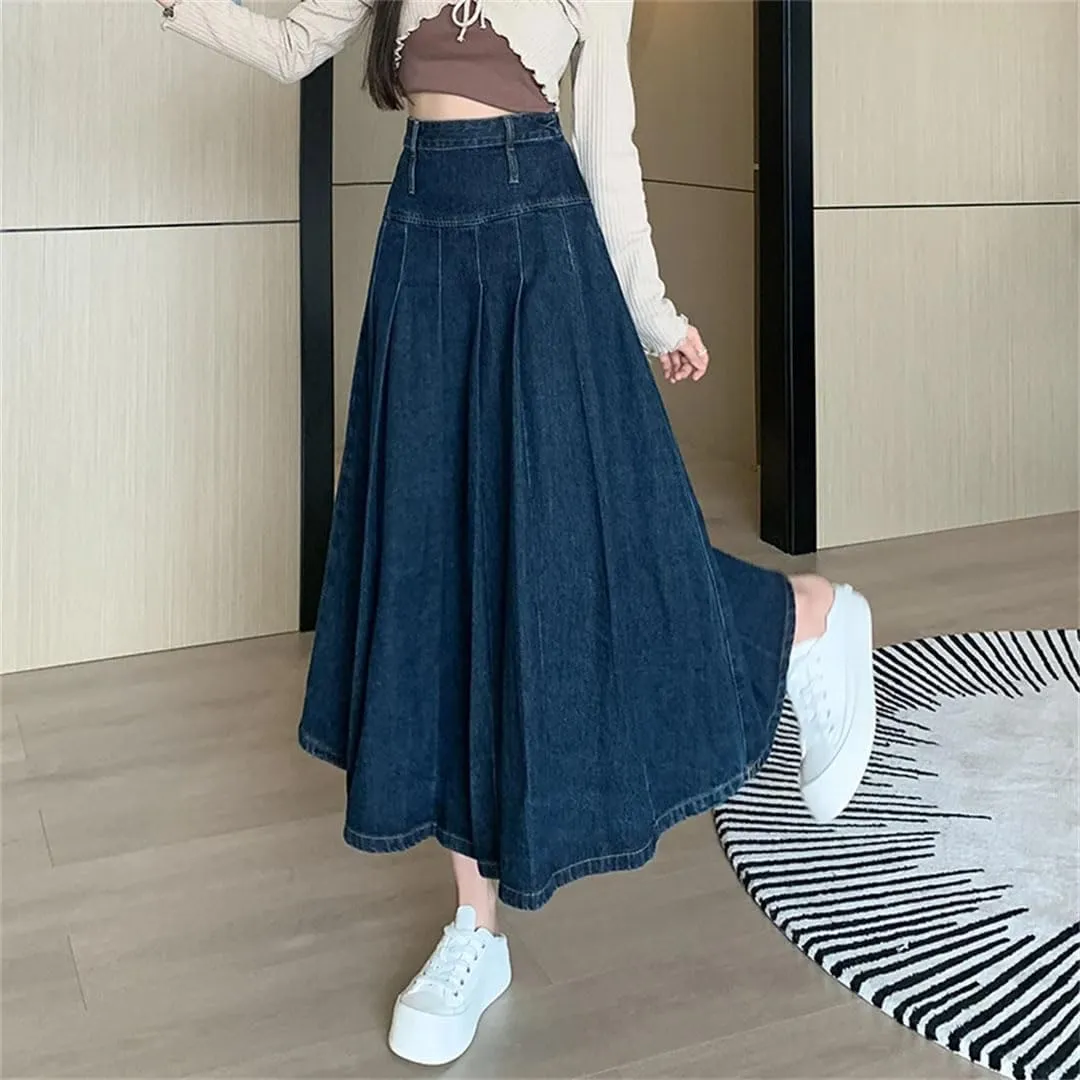 Women's Vintage Denim Pleated Skirts Blue High Waist A-Line Umbrella Jeans Skirts Female