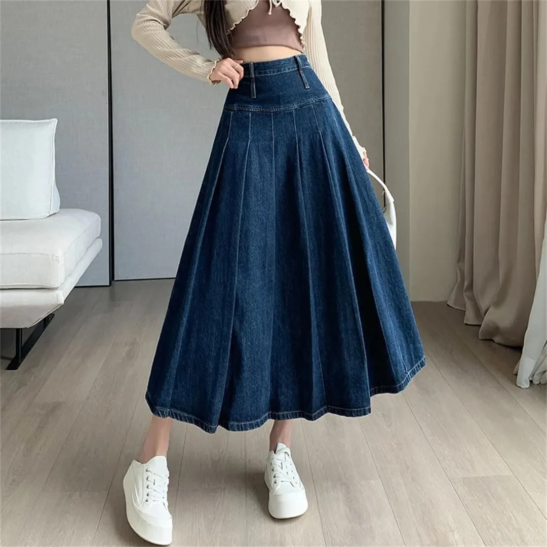 Women's Vintage Denim Pleated Skirts Blue High Waist A-Line Umbrella Jeans Skirts Female
