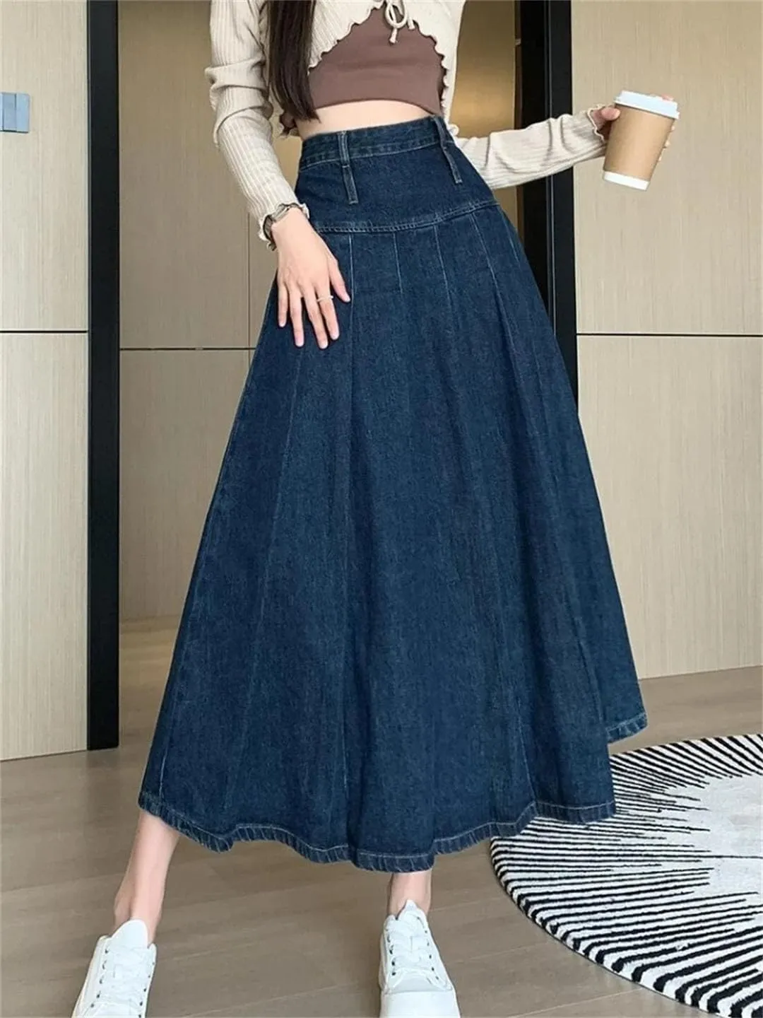 Women's Vintage Denim Pleated Skirts Blue High Waist A-Line Umbrella Jeans Skirts Female