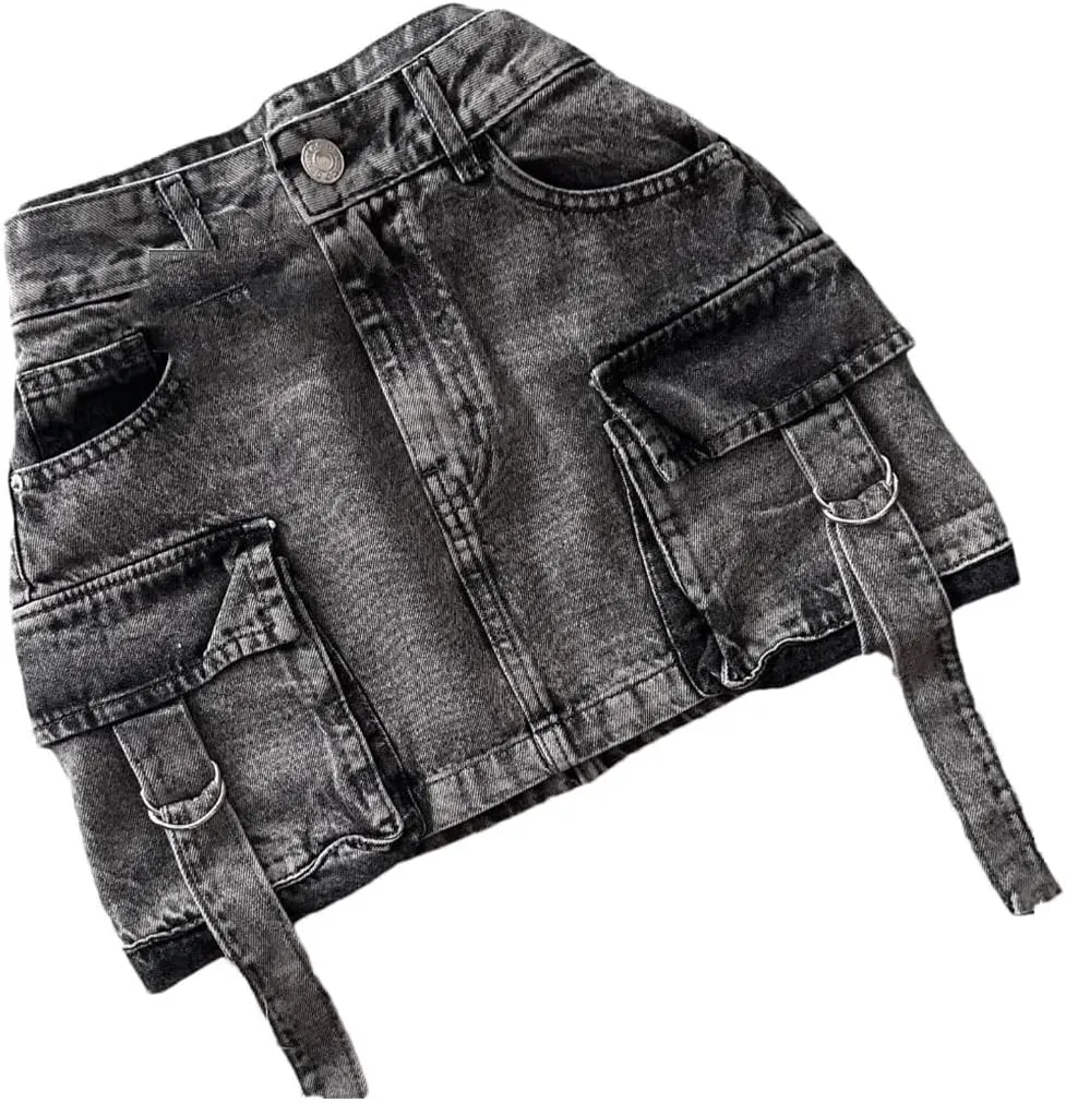 Women's Vintage Washed Denim Mini Skirts with Multiple Pockets Y2K Sexy Streetwear Denim Skirts