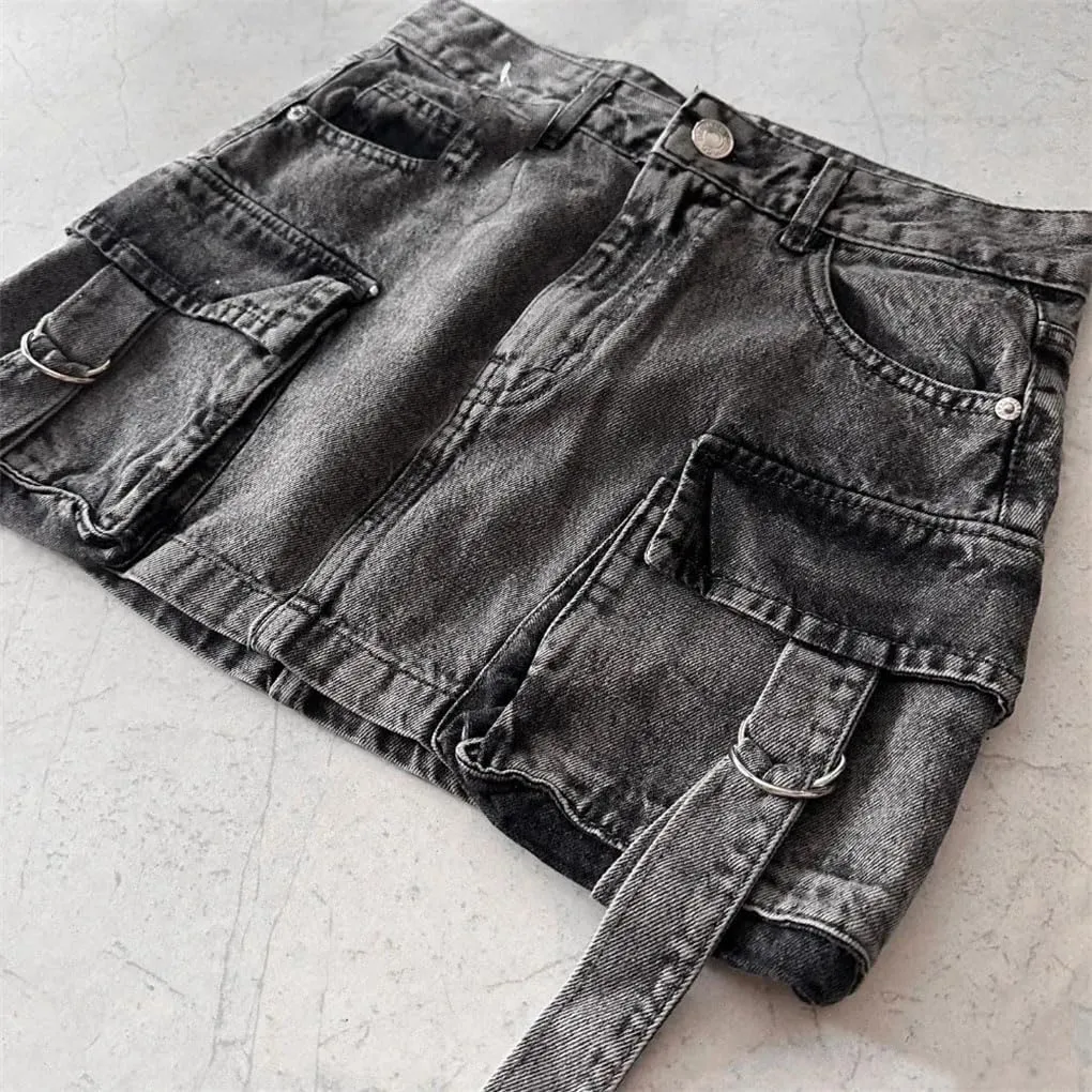 Women's Vintage Washed Denim Mini Skirts with Multiple Pockets Y2K Sexy Streetwear Denim Skirts