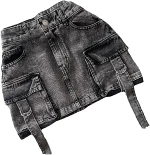 Women's Vintage Washed Denim Mini Skirts with Multiple Pockets Y2K Sexy Streetwear Denim Skirts