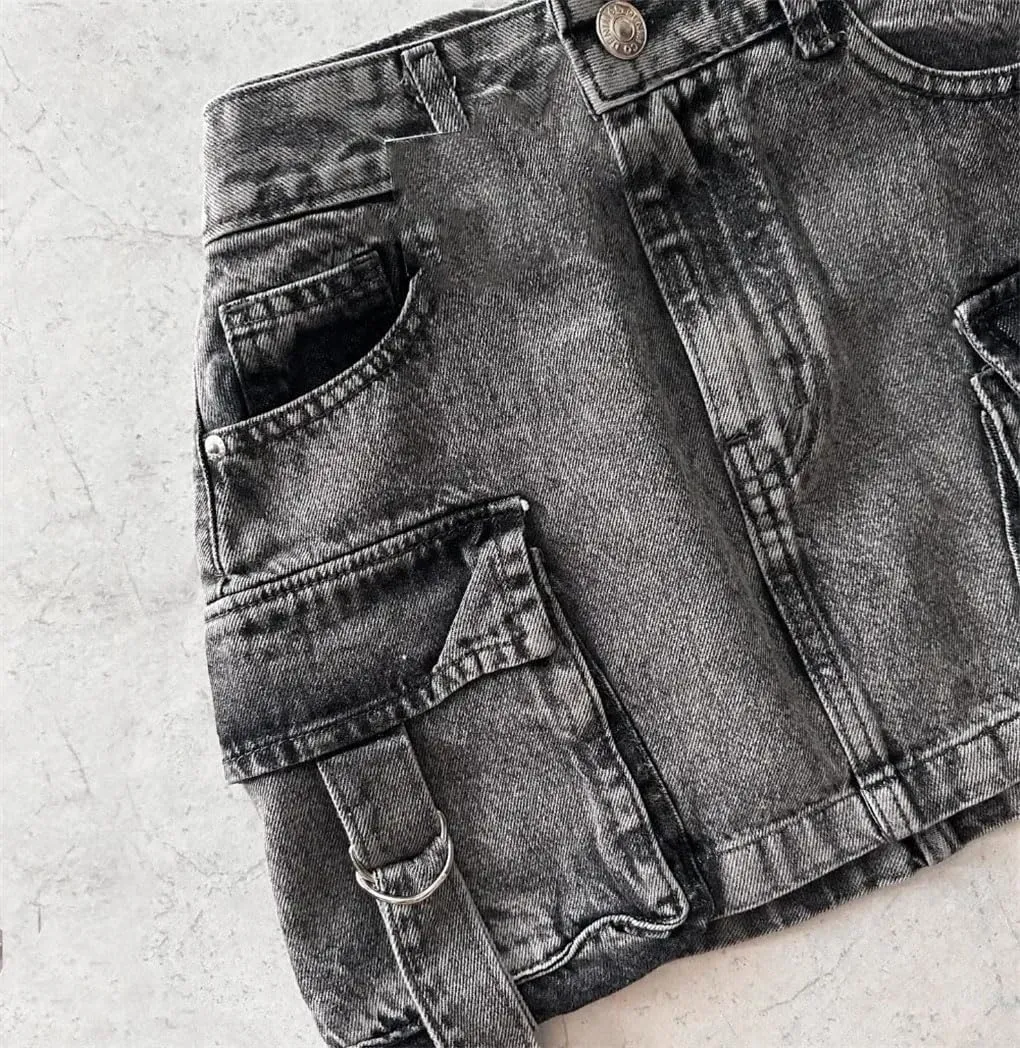 Women's Vintage Washed Denim Mini Skirts with Multiple Pockets Y2K Sexy Streetwear Denim Skirts