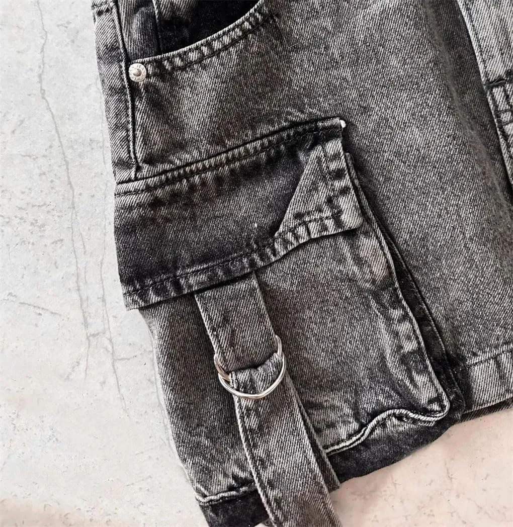 Women's Vintage Washed Denim Mini Skirts with Multiple Pockets Y2K Sexy Streetwear Denim Skirts