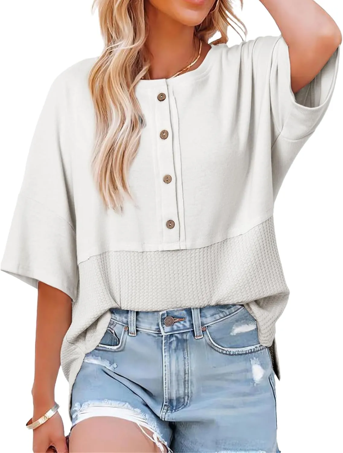 Womens Waffle Knit Tops Oversized Patchwork 3/4 Sleeve T Shirts Casual Crew Neck Button Down Shirts 2025 Fashion