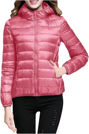 Womens Warm Lightweight Puffer Jacket 2024 Fashion Winter Coats Casual Full Zip Hooded Outwear 2024 Long Sleeve Coat