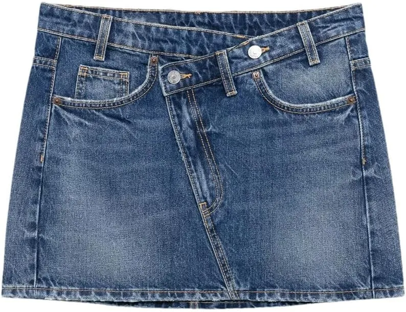Women's Washed Vintage Denim Mini Skirts Classic Pocket Button Closure Stitching Summer Denim Skirts