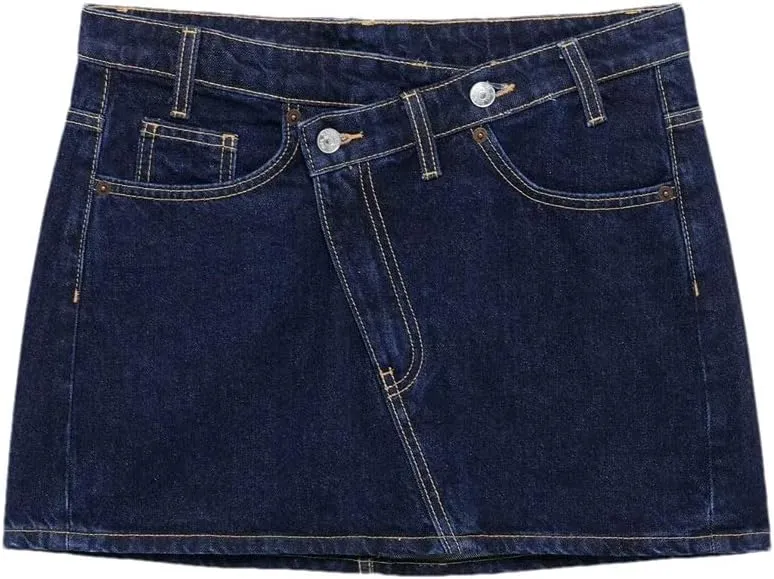 Women's Washed Vintage Denim Mini Skirts Classic Pocket Button Closure Stitching Summer Denim Skirts