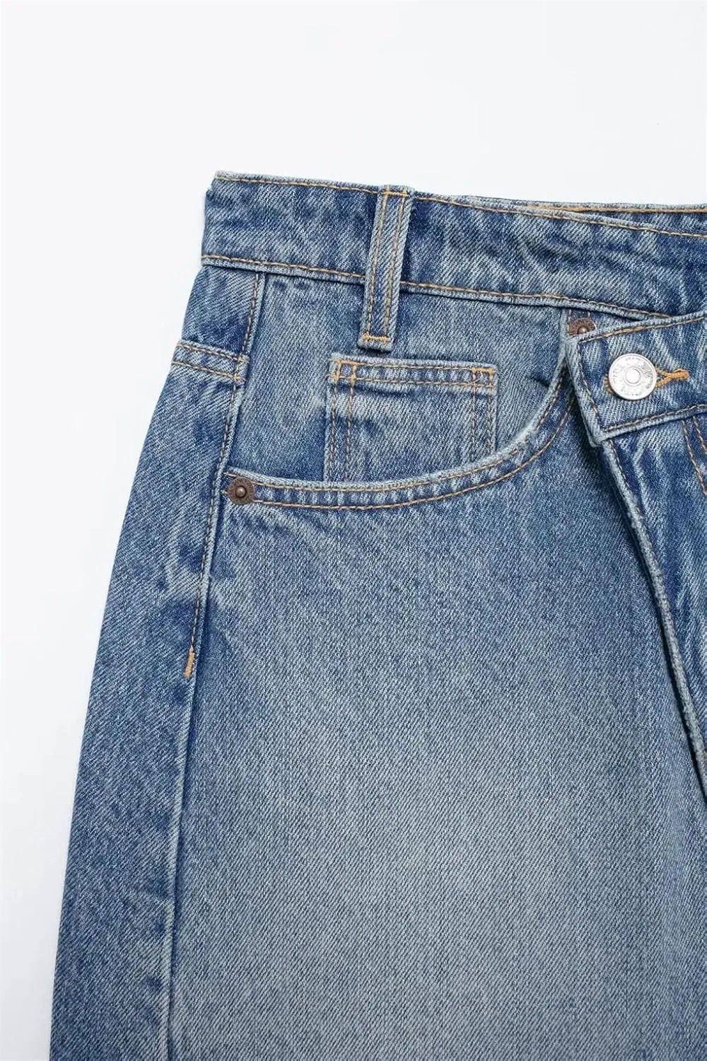 Women's Washed Vintage Denim Mini Skirts Classic Pocket Button Closure Stitching Summer Denim Skirts