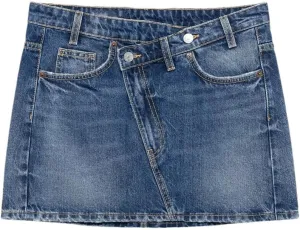 Women's Washed Vintage Denim Mini Skirts Classic Pocket Button Closure Stitching Summer Denim Skirts