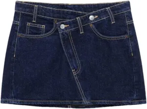 Women's Washed Vintage Denim Mini Skirts Classic Pocket Button Closure Stitching Summer Denim Skirts