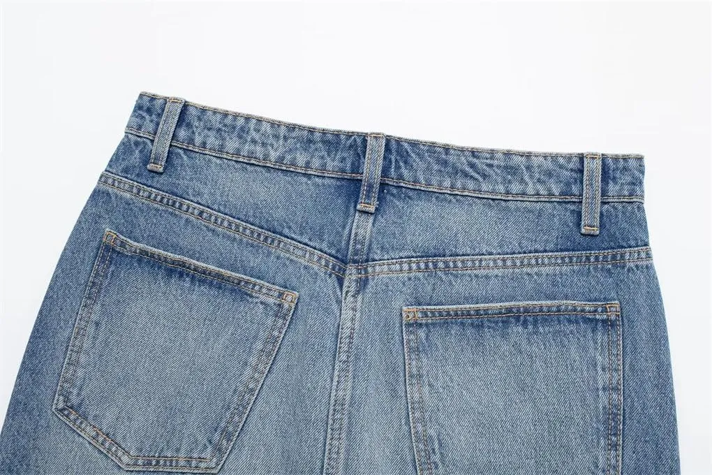 Women's Washed Vintage Denim Mini Skirts Classic Pocket Button Closure Stitching Summer Denim Skirts
