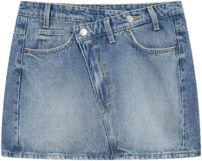 Women's Washed Vintage Denim Mini Skirts Classic Pocket Button Closure Stitching Summer Denim Skirts