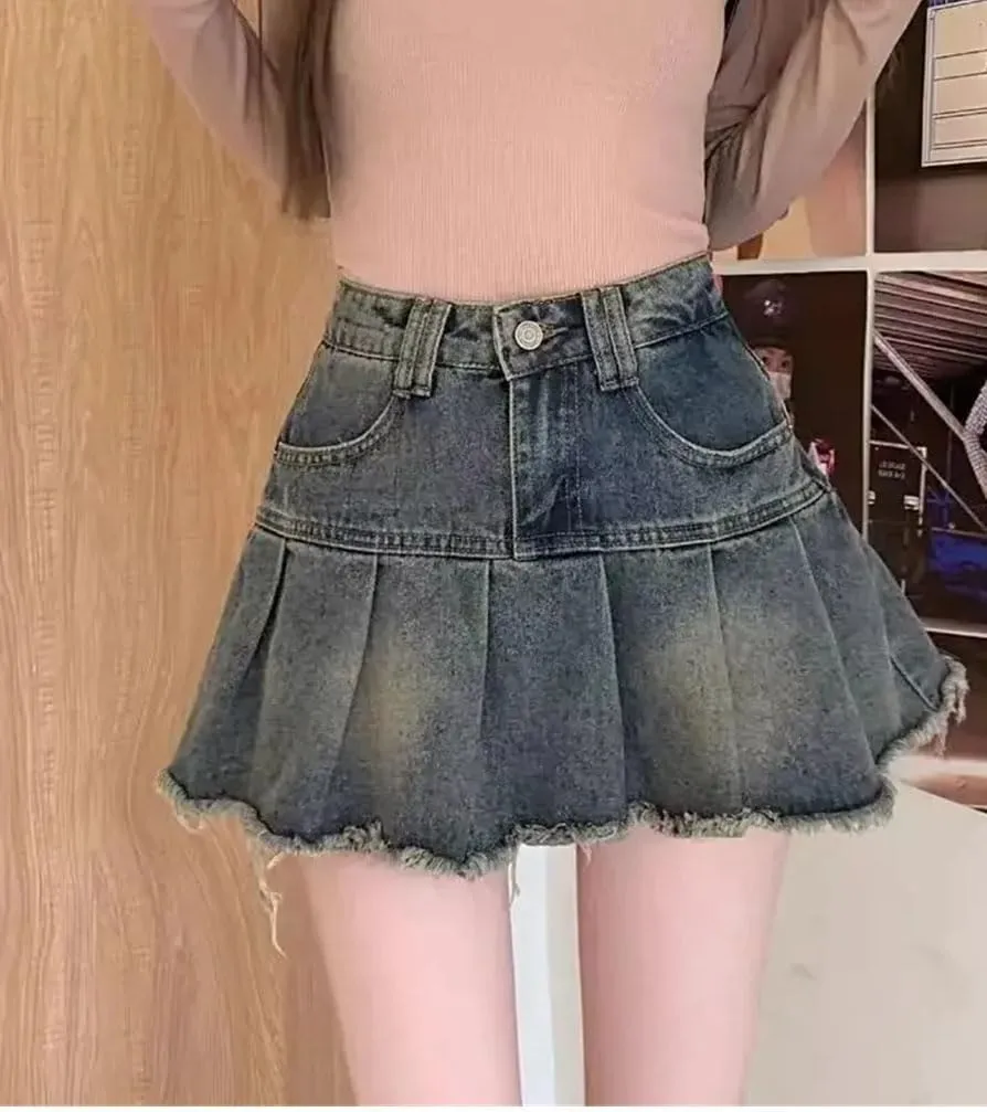 Women's Washed Vintage Fringe Denim Mini Skirts High Waisted Slimming Plenty Wrinkles Denim Skirts